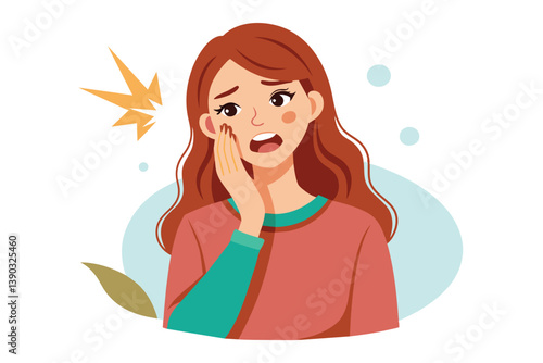 This illustration depicts a woman with a severe toothache, holding her cheek and grimacing in pain.