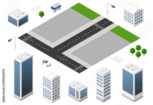 Isometric city infrastructure elements including buildings, roads, trees, traffic lights, cars, and buses create a comprehensive urban landscape