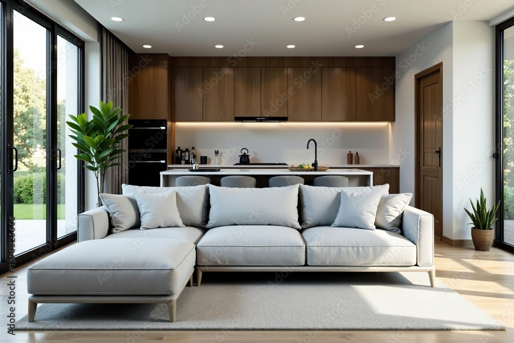 Fototapeta premium Modern living room with a comfortable grey sofa and stylish kitchen in the background, spacious, dining area
