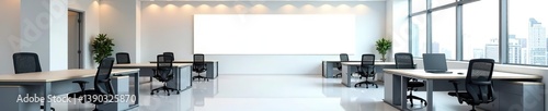 Modern office interior with stylish workstations and a blank white wall for corporate branding,  workstation,  urban