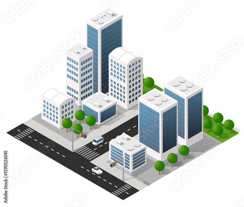 Modern isometric city with skyscrapers, roads, and trees