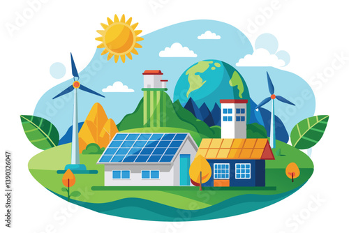 A colorful illustration depicting a sustainable community with solar panels, wind turbines, and a small village nestled on a green hillside under a bright sun and a clear blue sky.