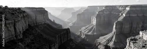 Monochrome image of Grand Canyon showcasing deep canyon walls and rugged terrain,  black and white,  texture
