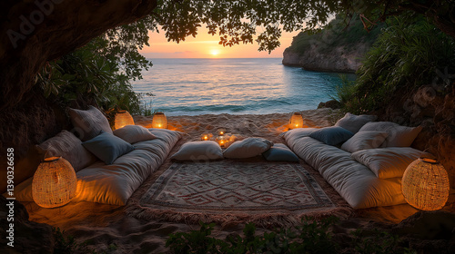cozy beachside setup with cushions and lanterns creates serene atmosphere at sunset, perfect for relaxation. scene is framed by lush greenery and view of ocean