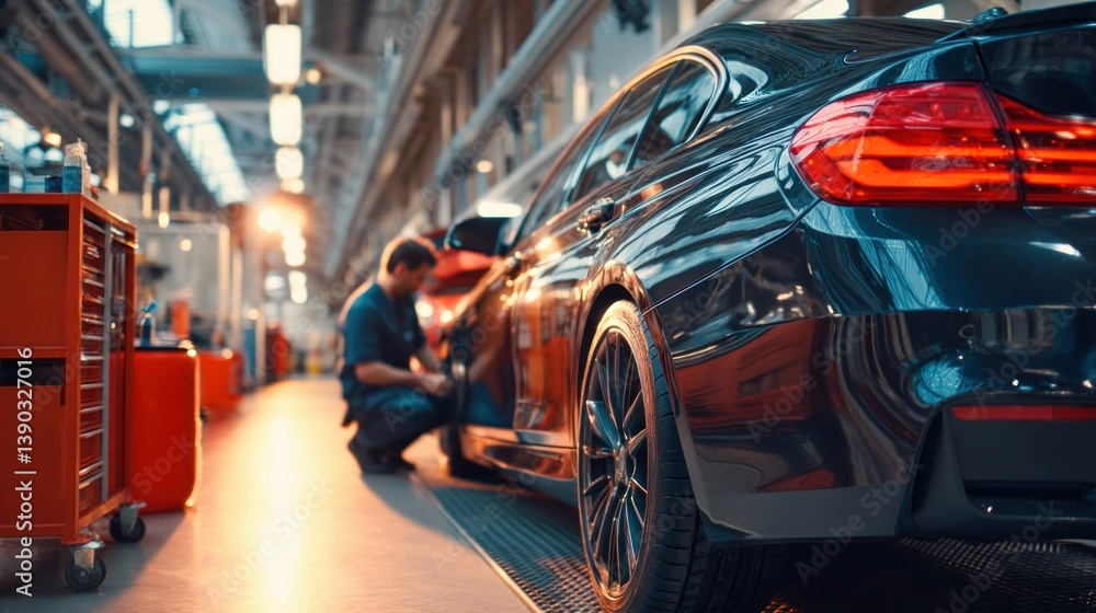 A mechanic meticulously inspecting a black car's bodywork inside a modern workshop setting. A mechanic meticulously inspecting a black car's bodywork inside a modern workshop setting.