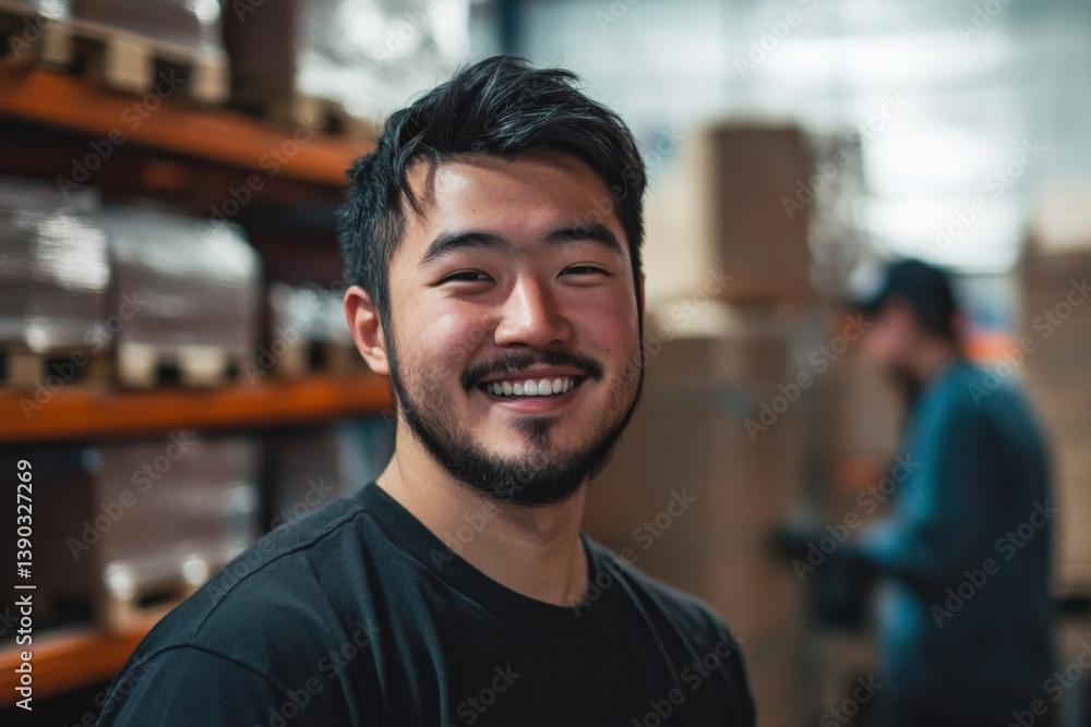 Smiling portrait of male warehouse workers and managers working in a warehouse Smiling portrait of male warehouse workers and managers working in a warehouse