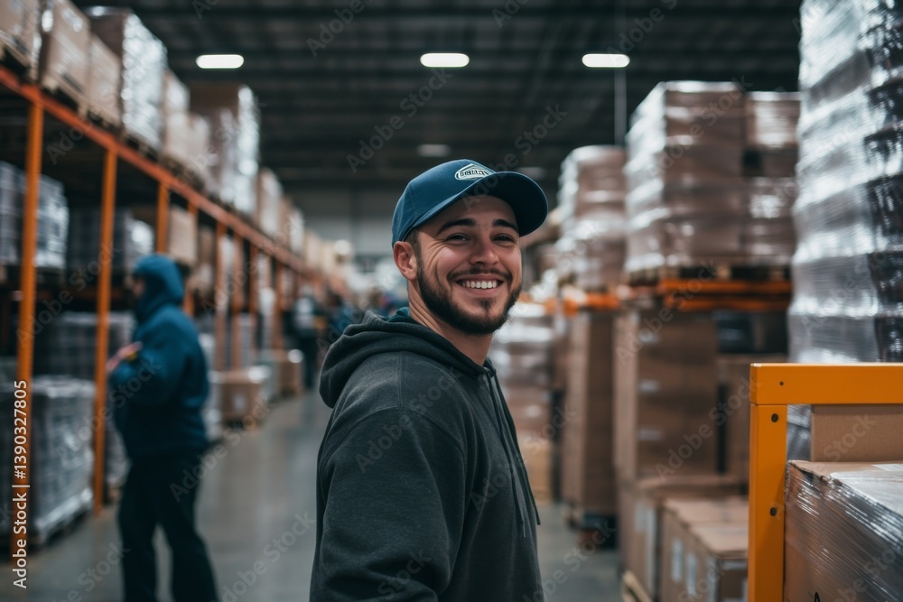 Smiling portrait of male warehouse workers and managers working in a warehouse Smiling portrait of male warehouse workers and managers working in a warehouse