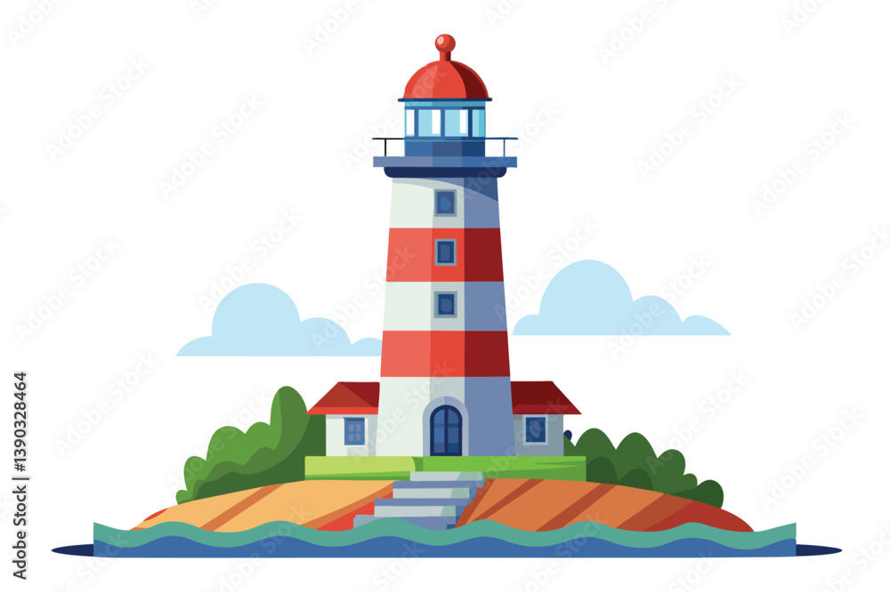 A cartoon illustration of a lighthouse on a small island with blue water and white clouds. A cartoon illustration of a lighthouse on a small island with blue water and white clouds.