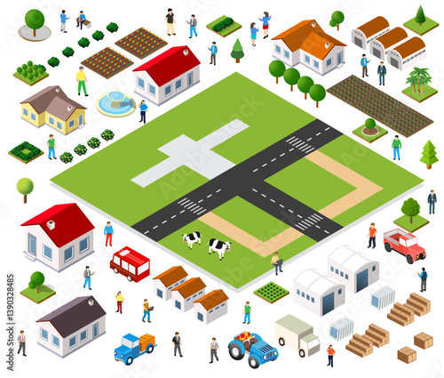 Farmers cultivating land and raising livestock in rural community