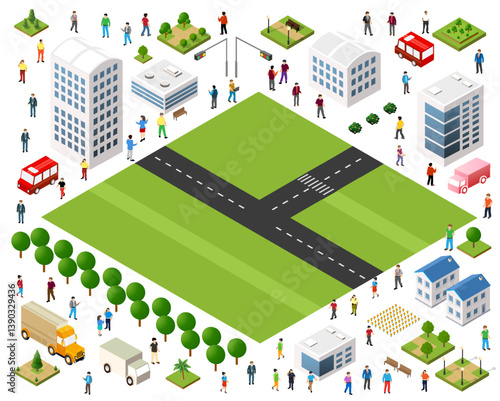 Citizens walking and driving in isometric city center with buildings and roads