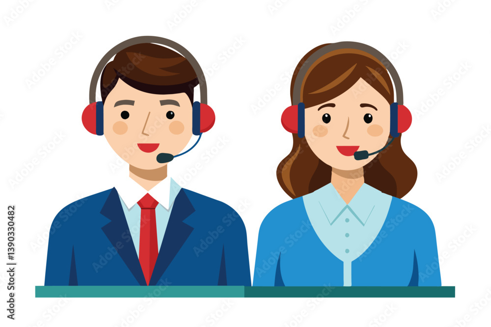 A cartoon illustration of two customer service representatives, a man and a woman, both wearing headsets. They are smiling and appear to be ready to answer calls. A cartoon illustration of two customer service representatives, a man and a woman, both wearing headsets. They are smiling and appear to be ready to answer calls.