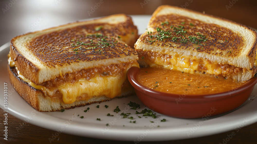 Grilled Cheese Sandwiches with Melted Cheese and Tomato Soup on Plate Grilled Cheese Sandwiches with Melted Cheese and Tomato Soup on Plate