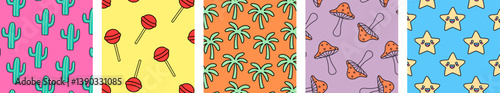 Set of colorful vector illustrations featuring playful patterns with cacti, lollipops, palm trees, mushrooms, and smiling stars in vibrant color backgrounds, ideal for designs.