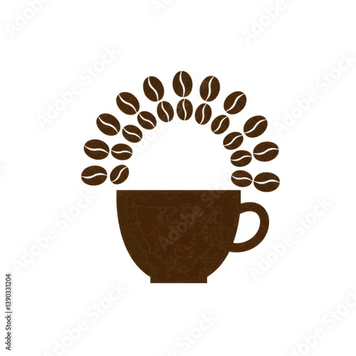 Coffee beans forming an arch over a coffee cup, promoting the perfect coffee break