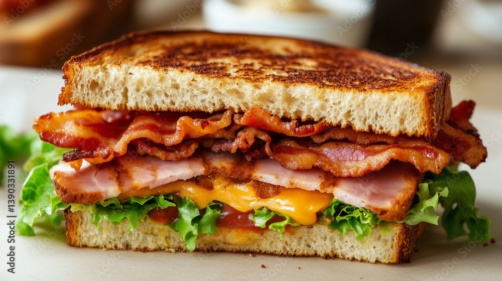 Grilled Sandwich with Crispy Bacon, Ham, Melted Cheese, and Green Lettuce Grilled Sandwich with Crispy Bacon, Ham, Melted Cheese, and Green Lettuce