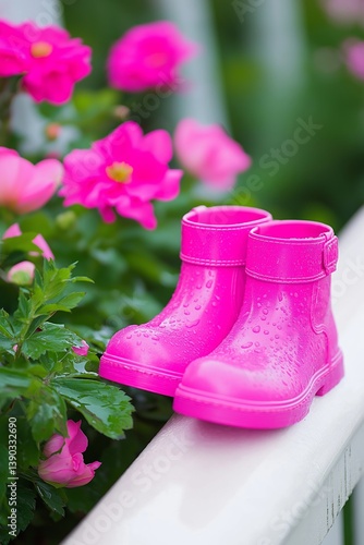 Obraz na płótnie These vibrant pink rain boots sit beautifully beside flowers, capturing playfulness and childhood delight. w salonie