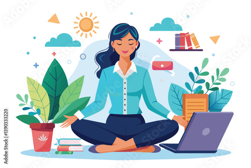 A woman in a blue shirt and dark pants sits in a lotus position, meditating in the middle of a workday.
