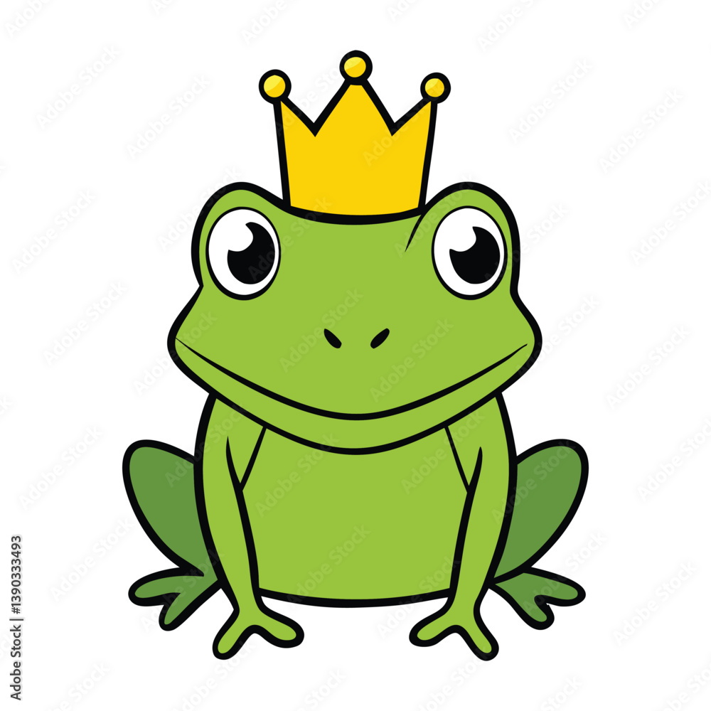 Fototapeta premium A charming frog prince wearing a shiny gold crown, sitting regally on a lily pad, waiting for true love's kiss to break the spell and reveal his royal form.
