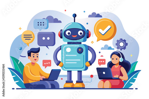 An illustration depicting a friendly robot assisting two users with online services, showcasing the efficiency and accessibility of automated solutions.
