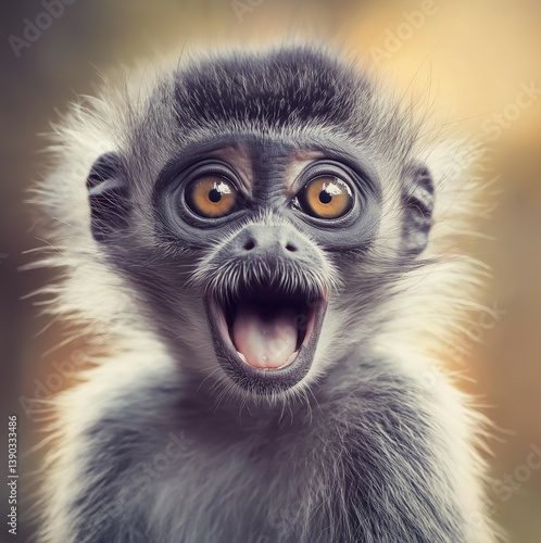 A captivating monkey expressing joy or surprise with wide-open mouth, showcasing its lively nature.