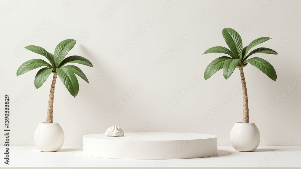 Fototapeta premium minimalist display empty podium features palm tree seashell
