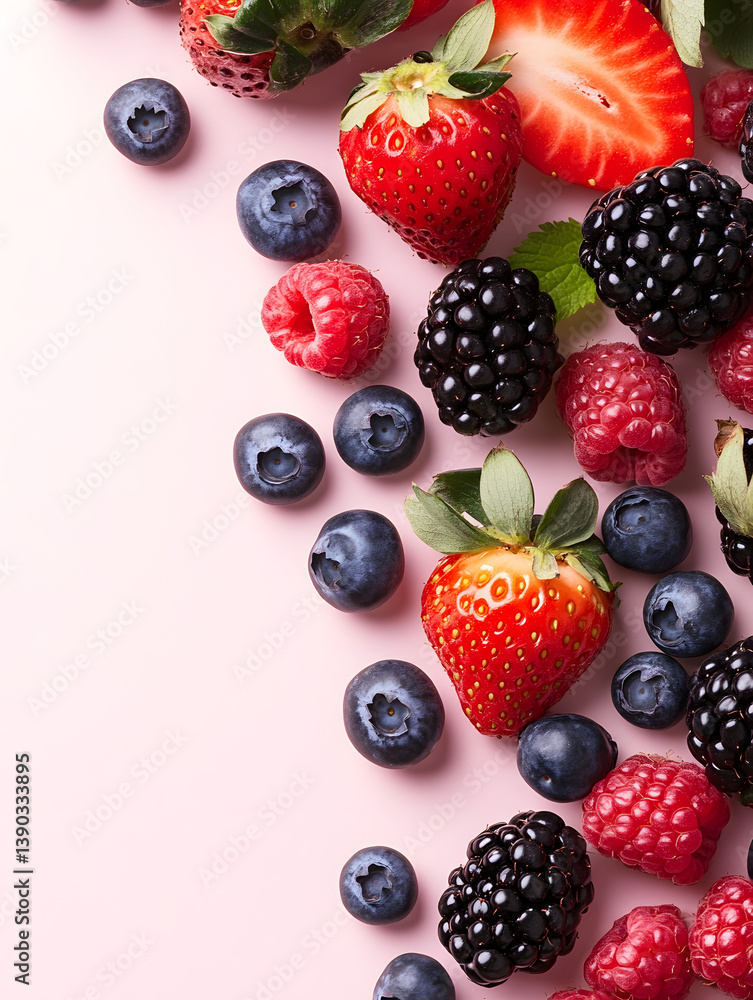 Variety of Ripe Berries Arranged Neatly on a Pink Background Surface Variety of Ripe Berries Arranged Neatly on a Pink Background Surface