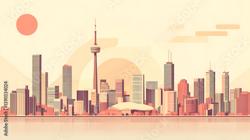 Stylized Toronto skyline at sunset.