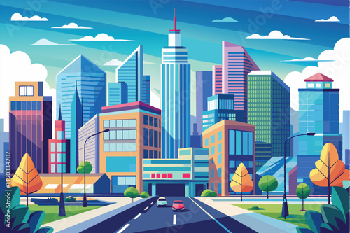 A colorful illustration of a modern city with tall skyscrapers, cars driving on a street, and blue skies with white clouds.