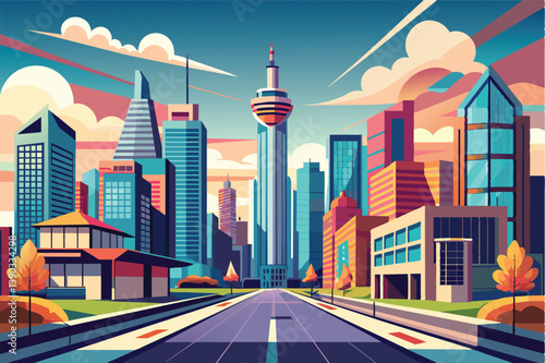 A digital illustration depicting a colorful cityscape with tall buildings, a large tower, and an empty road. The sky is a vibrant sunset with fluffy clouds.