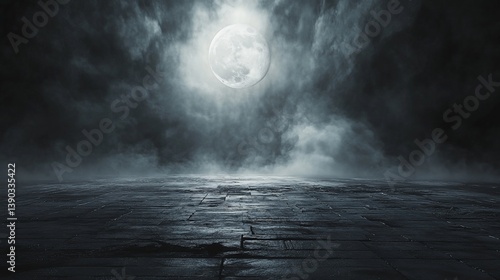 Dramatic moonlit scene with fog rolling over a dark paved surface