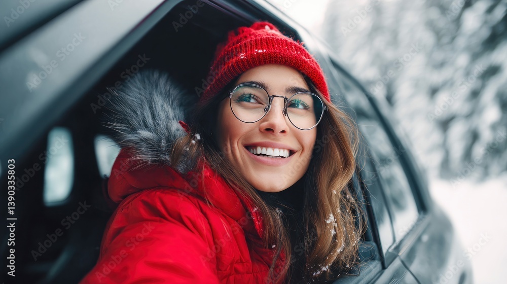 A radiant woman in a red coat smiles happily out of a car window during winter weather. A radiant woman in a red coat smiles happily out of a car window during winter weather.