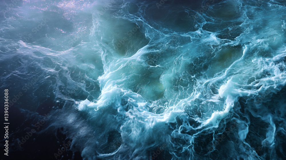 Aerial view of turbulent ocean water showing surface agitation and foam formation in shades of blue Aerial view of turbulent ocean water showing surface agitation and foam formation in shades of blue