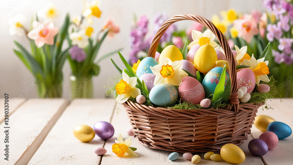 Easter Basket with Decorated Eggs and Flowers Easter Basket with Decorated Eggs and Flowers