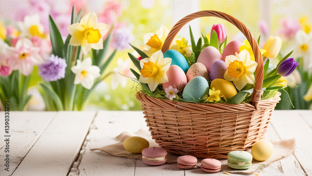 Easter Basket with Pastel Eggs and Flowers Easter Basket with Pastel Eggs and Flowers