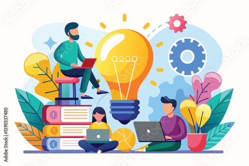 Illustration showing three people collaborating to generate new ideas. Includes a light bulb for innovation, books for knowledge, and gears for process.