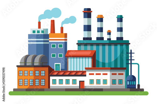 A cartoon illustration of a large industrial factory complex with multiple buildings, smoke stacks, and windows.
