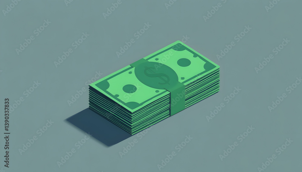 Isometric Stack of Green Banknotes on Neutral Background Isometric Stack of Green Banknotes on Neutral Background