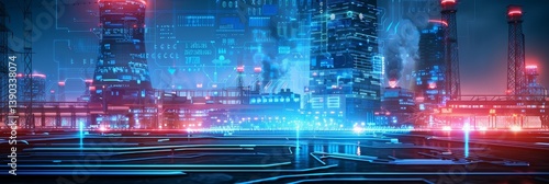 Futuristic Power Plant Cityscape - Glowing cityscape, futuristic energy, technological advancement, urban power, industrial progress. Symbolizes innovation, sustainable energy