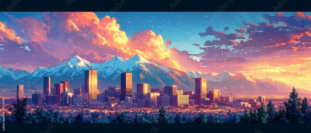 Denver skyline with majestic mountains in the background denver skyline mountains colorado cityscape Horizon Illustration