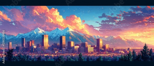 Obraz na płótnie Denver skyline with majestic mountains in the background denver skyline mountains colorado cityscape Horizon Illustration w salonie