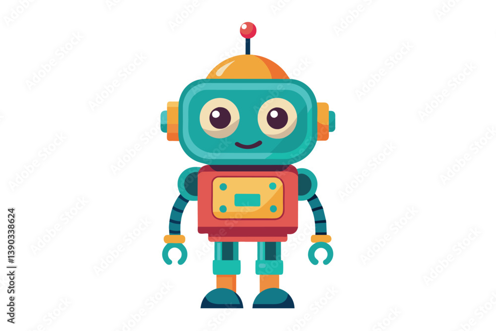 This image shows a friendly cartoon robot with a blue and red color scheme. The robot is smiling and has large, expressive eyes. This image shows a friendly cartoon robot with a blue and red color scheme. The robot is smiling and has large, expressive eyes.