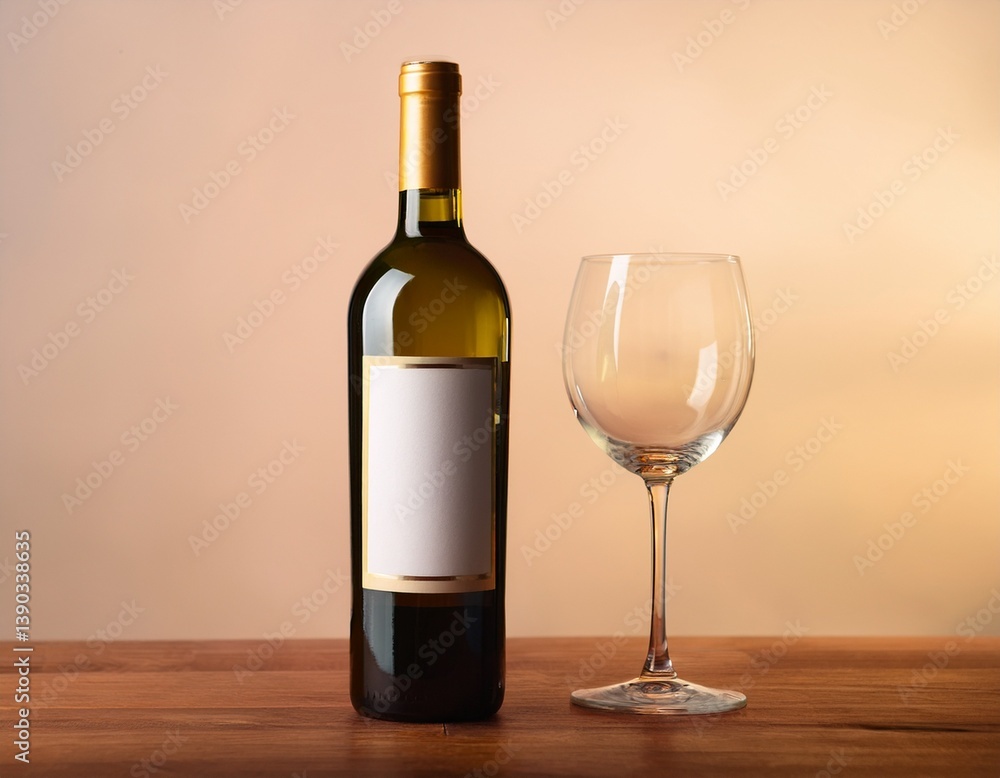 Elegant wine bottle mockup, standing on a wooden table next to an empty glass of wine. Elegant wine bottle mockup, standing on a wooden table next to an empty glass of wine.