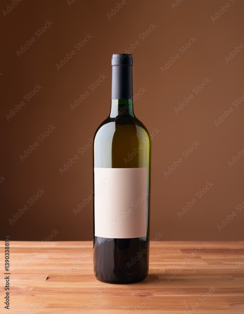 Fototapeta premium Elegant wine bottle mockup, standing on a wooden table with blank label Generated image.
