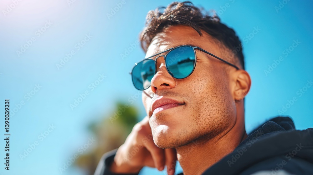 Stylish young man wearing sunglasses looks up with a bright blue sky in the background. Stylish young man wearing sunglasses looks up with a bright blue sky in the background.