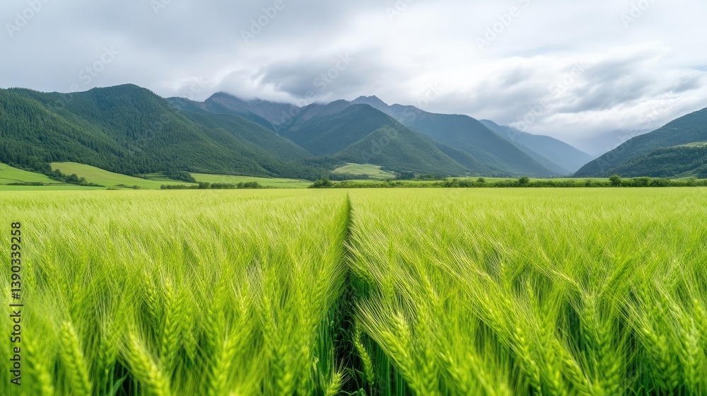 Fototapeta premium Green Wheat Field Mountainous Background Serene Landscape High-Resolution Wide Shot Lush Texture Tranquil Scene Valley Setting Vibrant Green Tones Ideal for Nature Documentaries