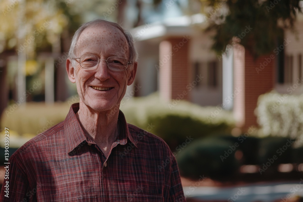 Portrait of a elderly Caucasian man smiling in front of nursing home in Usa Portrait of a elderly Caucasian man smiling in front of nursing home in Usa