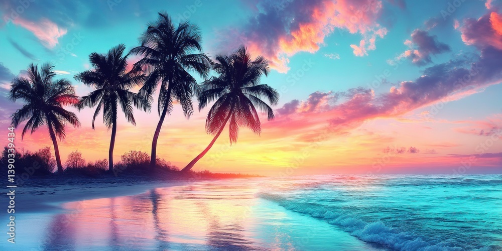 Naklejka premium Palm trees and beach silhouettes against the backdrop of a beautiful sunset over the ocean.