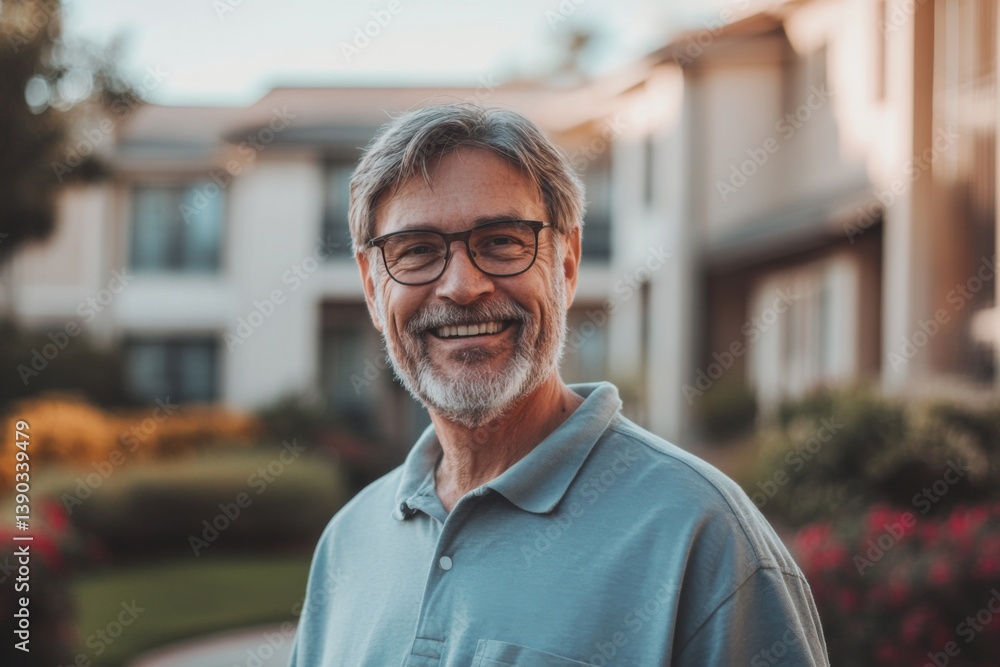 Portrait of a elderly Caucasian man smiling in front of nursing home in Usa Portrait of a elderly Caucasian man smiling in front of nursing home in Usa