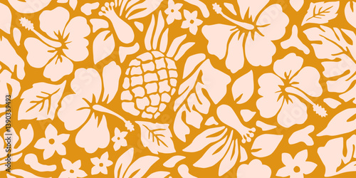 Hand drawn tropical flowers, seamless patterns with floral for fabric, textiles, clothing, packaging, cover, poster, interior decor, abstract natural backgrounds. Vector illustration.