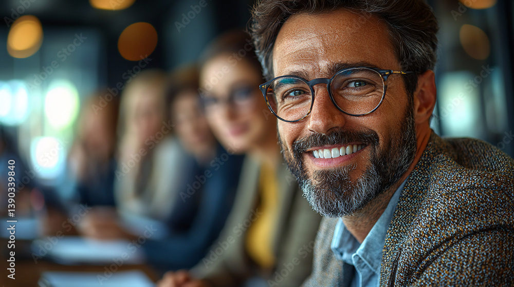 Business Meeting, Smiling Leader, Group Business Meeting, Smiling Leader, Group